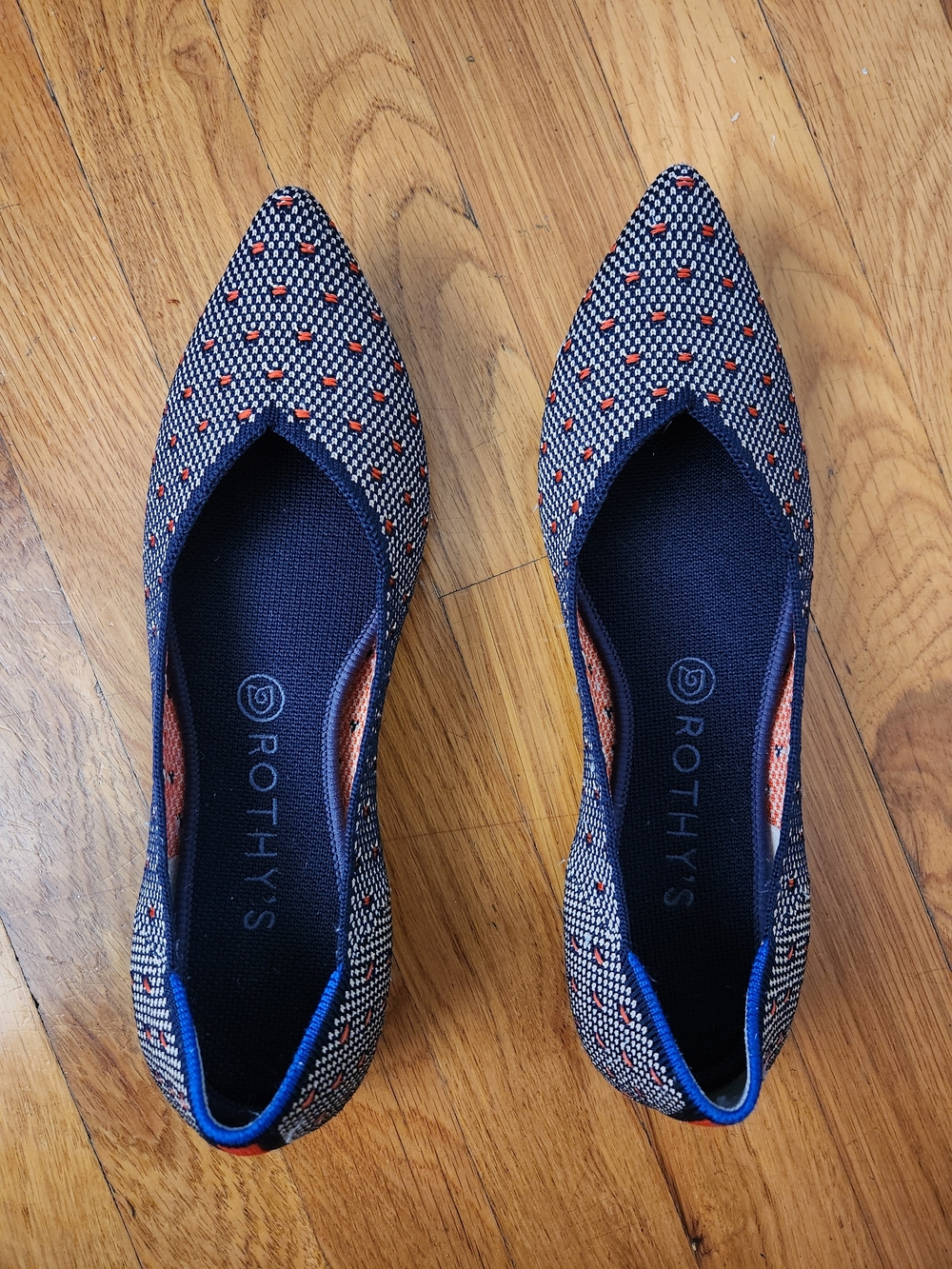 Rothy's "The Point" Navy Pointed-Toe Flats with Orange Dots